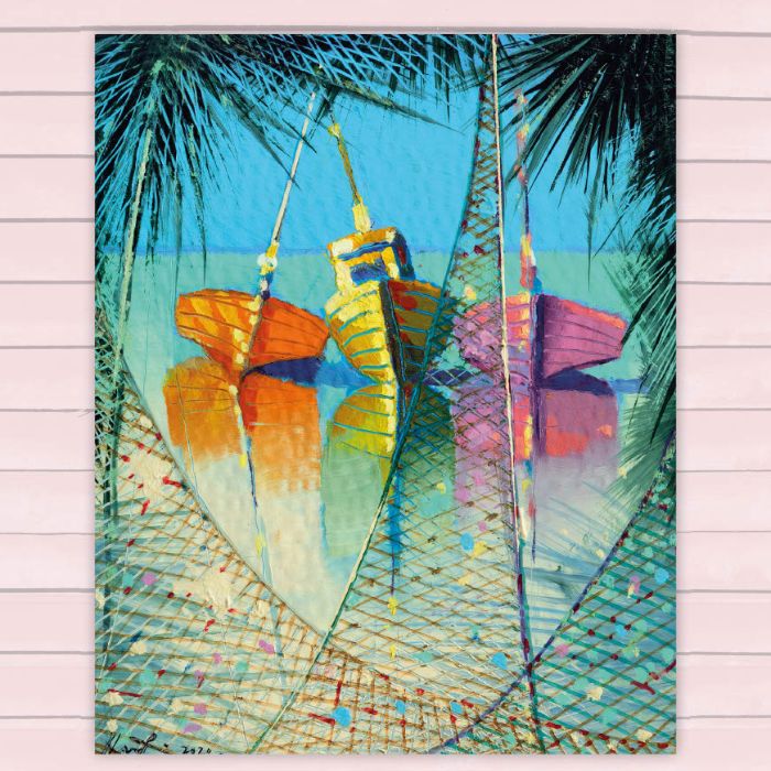 Colourful Caribbean fishing boats artwork from Mustique