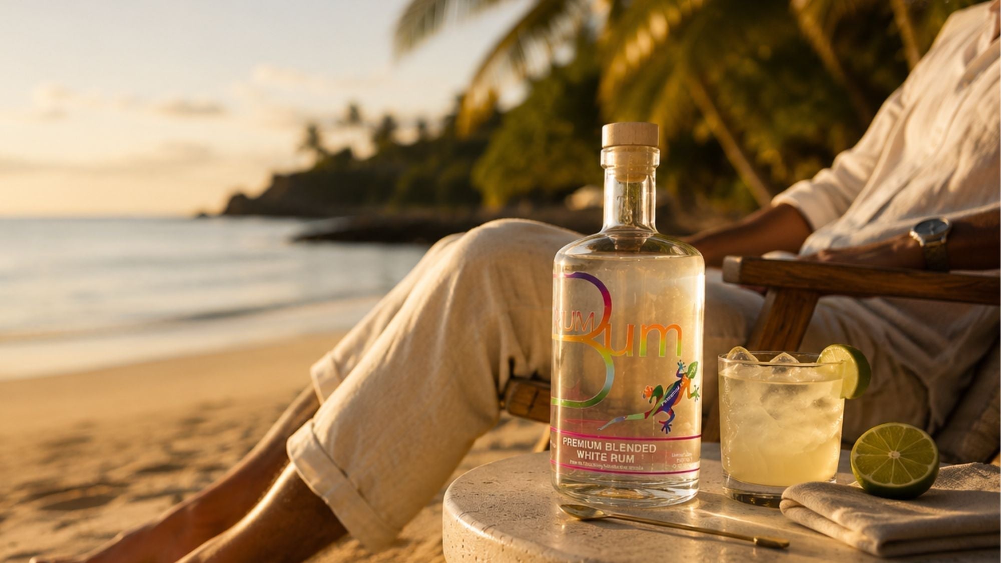 realxed person on caribbean beach with rum bum rum next to them