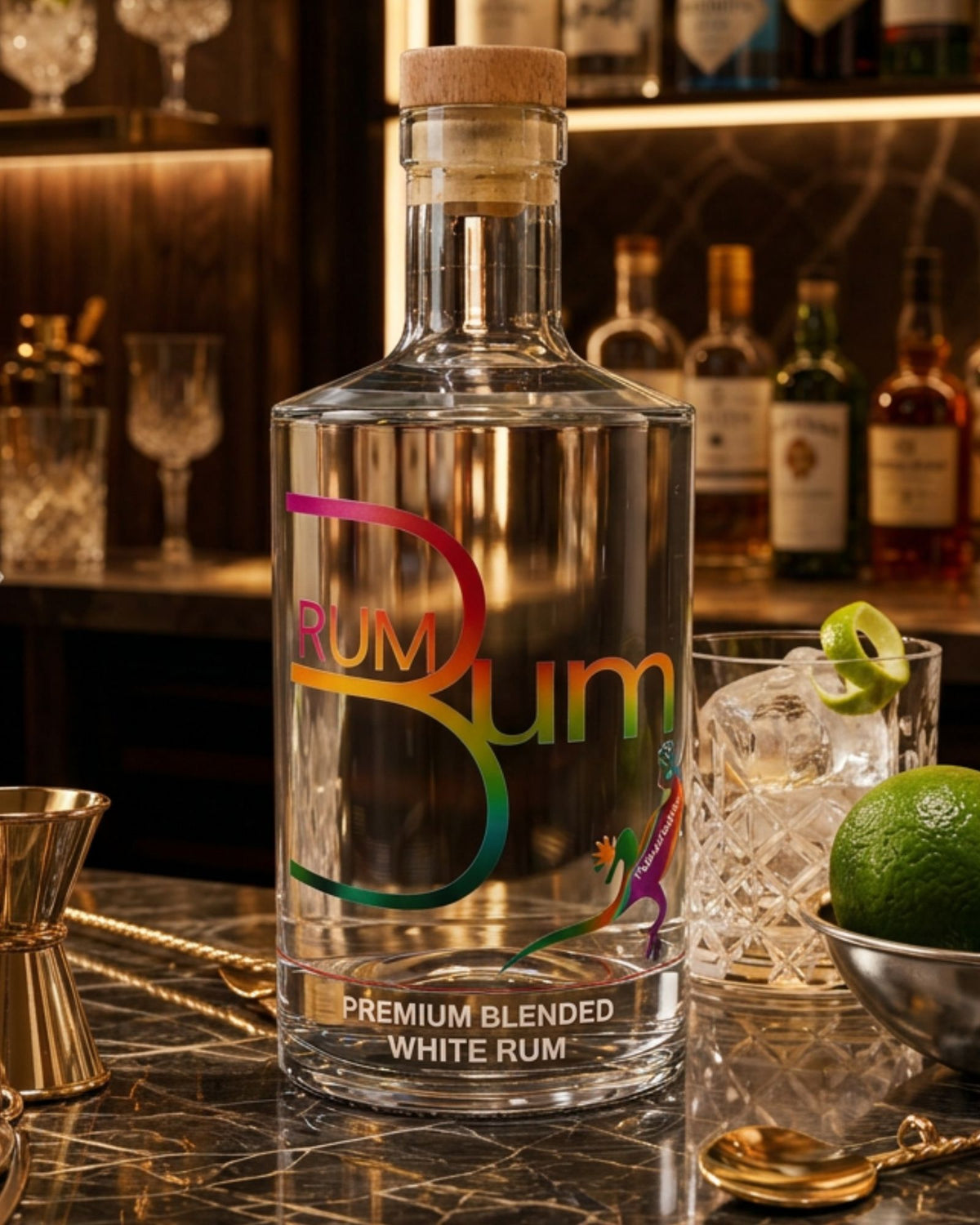 Rum Bum premium blended white rum with a cork stopper set on a bar counter 