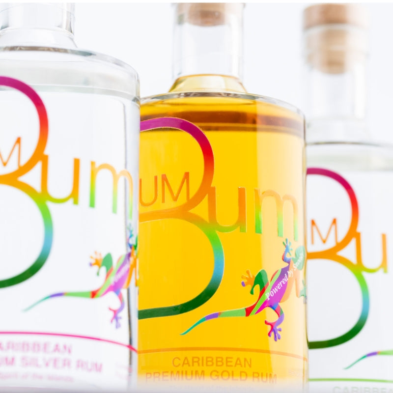 Close-up of Rum Bum Gold, Silver and Overproof rum bottles