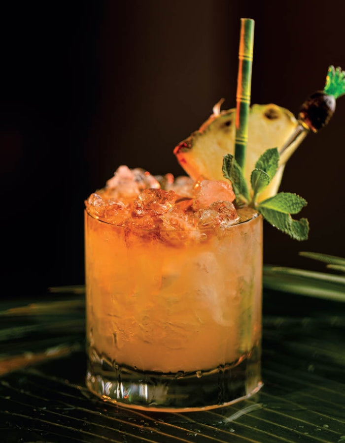 The rum bum mai tai served with crushed ice and pineapple