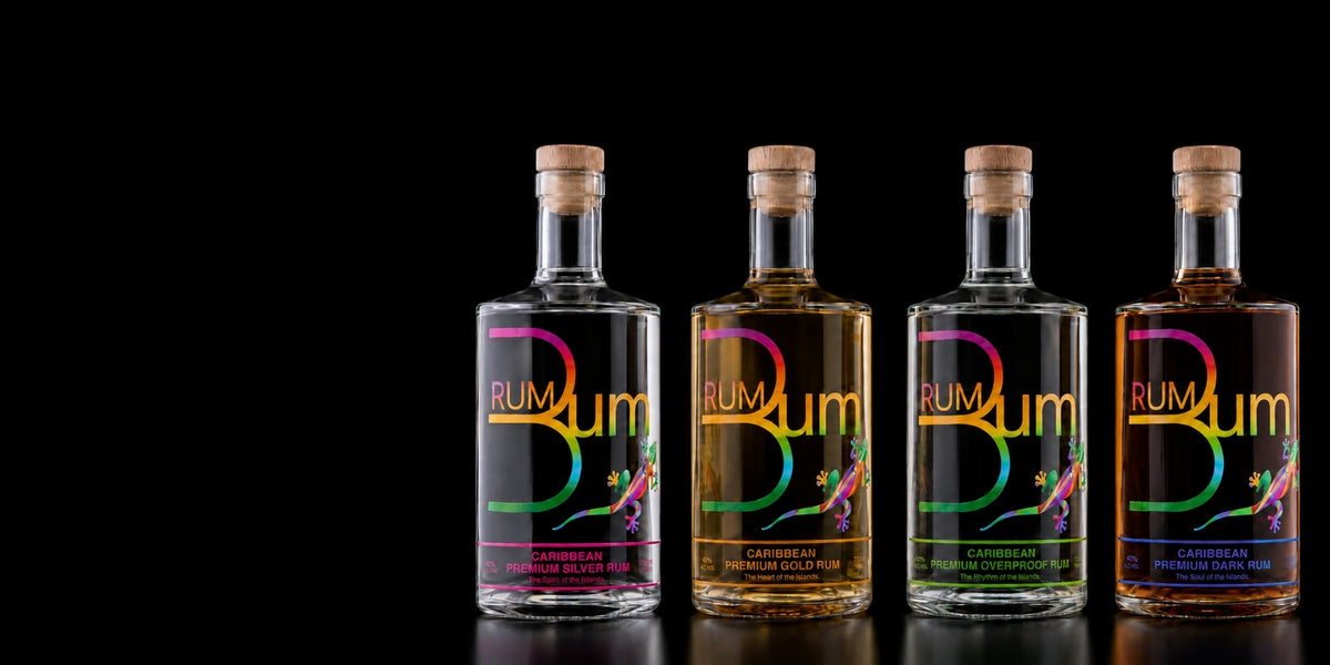 Rum Bum Silver, Gold, Overproof and Dark rum bottles
