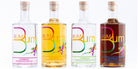 Four Rum Bum bottles with cork stoppers lined next to one another
