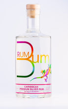A clear glass bottle of Rum Bum Caribbean Premium Silver Rum