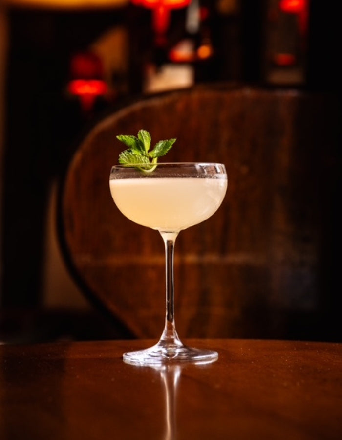 The Snook cocktail served in a coupe glass with mint
