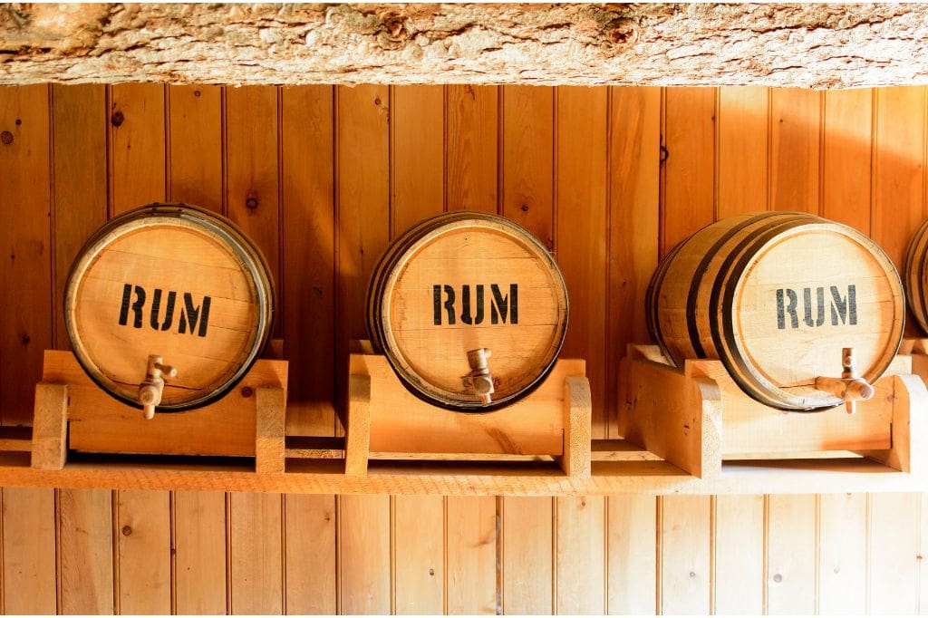 Three wooden rum barrels lined up against a wooden wall.