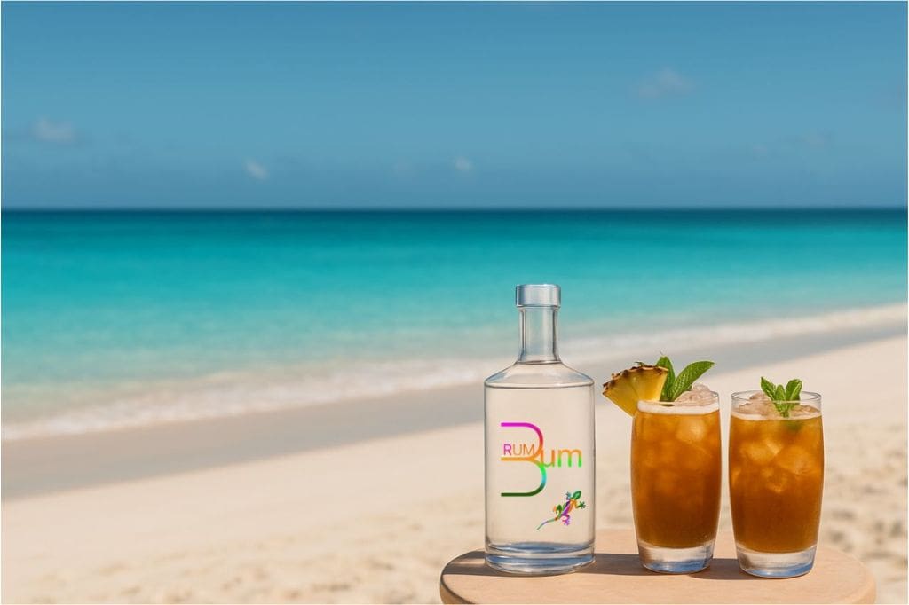 Rum bottle and two tropical cocktails on a beach table.