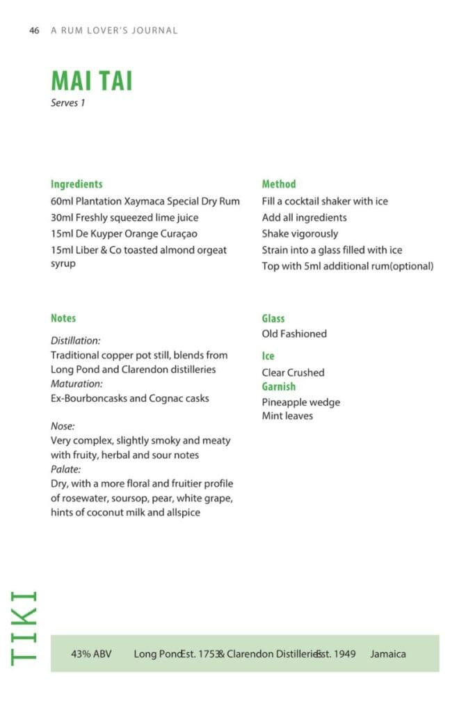 Mai Tai cocktail recipe page from a rum lover’s journal, listing ingredients, method, tasting notes, and garnish suggestions for a single serving.