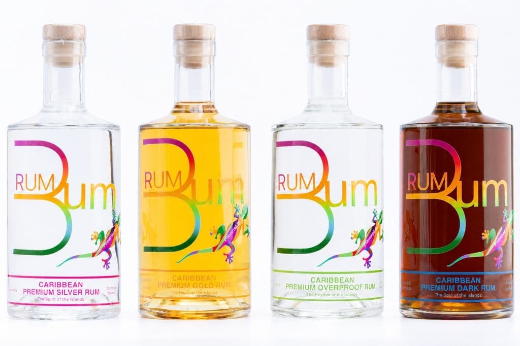 Four Caribbean rum styles: silver, gold, overproof and dark rum
