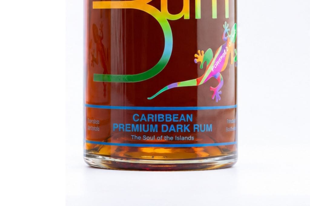 Close-up of The Original Rum Bum premium Caribbean dark rum bottle