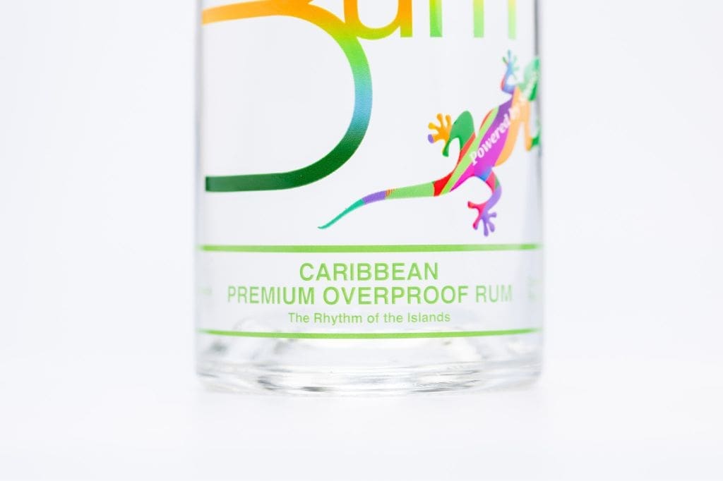 Close-up of The Original Rum Bum Caribbean overproof rum bottle