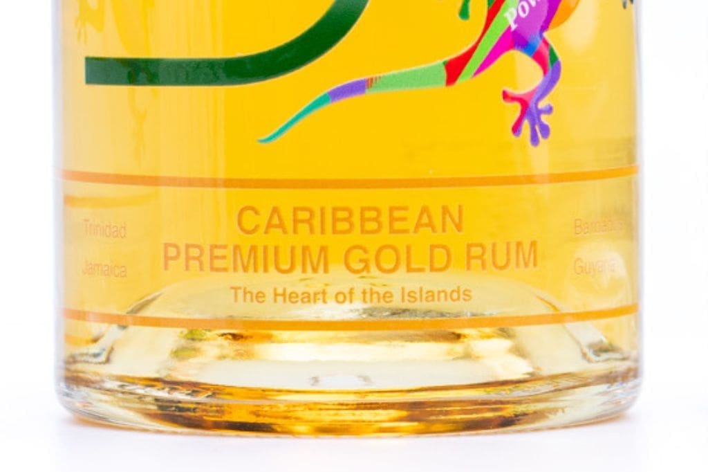 Close-up of The Original Rum Bum premium Caribbean gold rum bottle