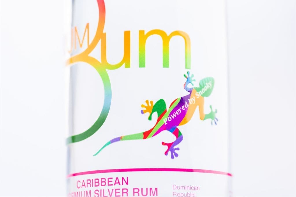 Close-up of The Original Rum Bum premium Caribbean silver rum bottle